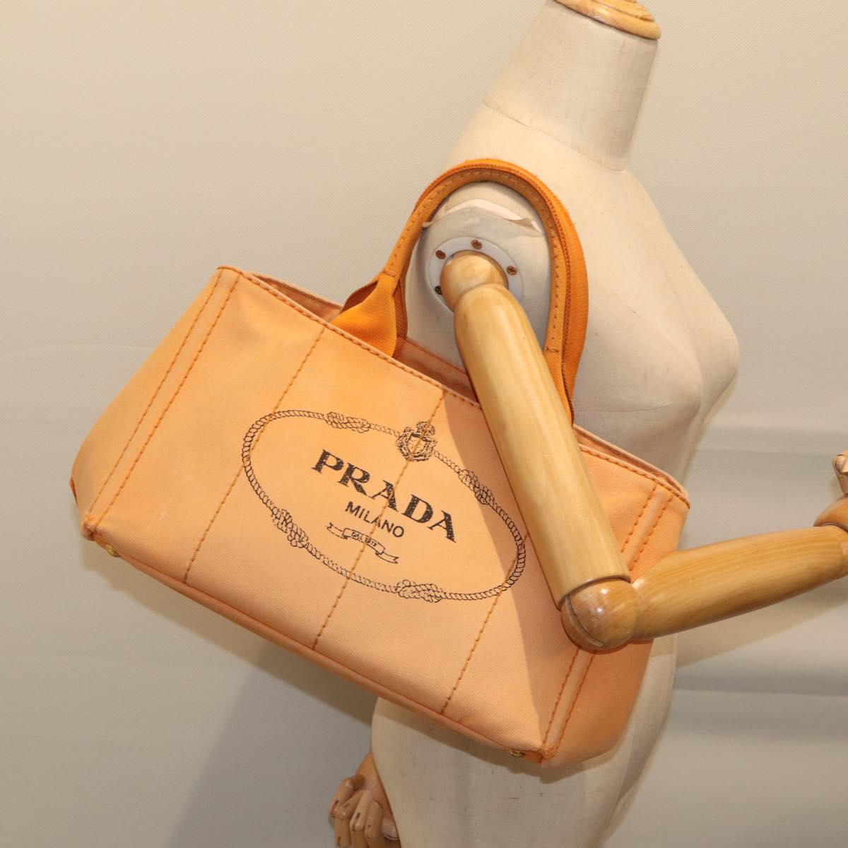 PRADA Canapa MM Hand Bag Canvas Orange Auth 70580