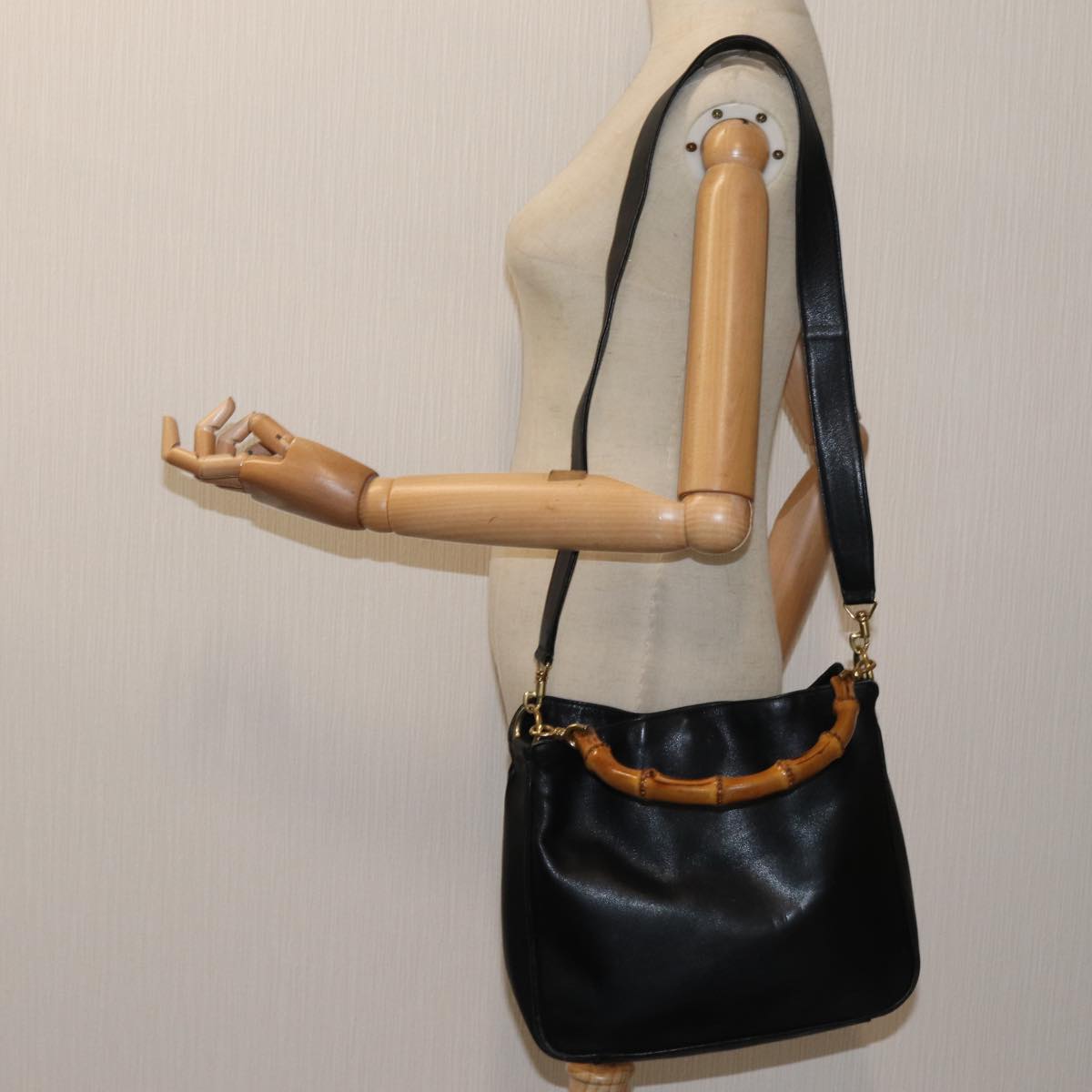 GUCCI Bamboo Shoulder Bag Leather 2way Black Auth 70623