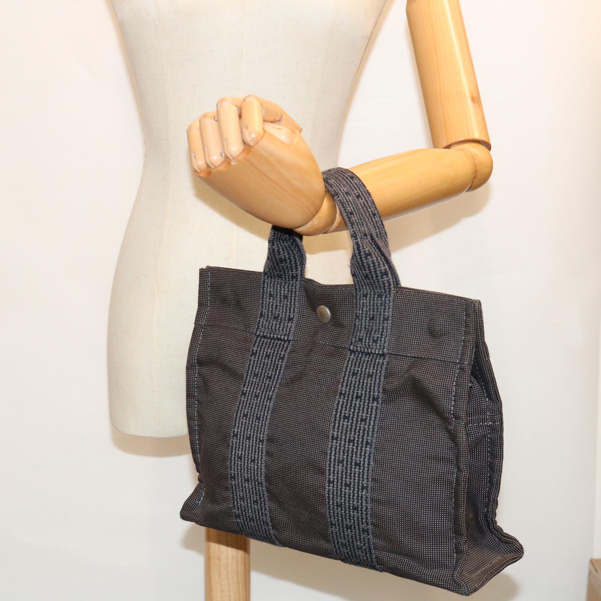 HERMES Her Line PM Tote Bag Canvas Gray Auth 70653