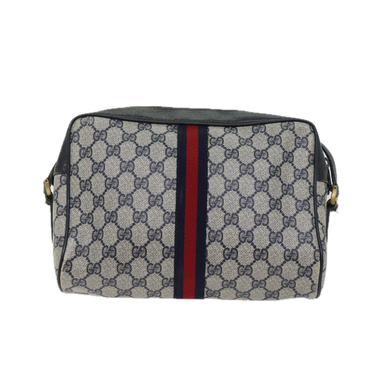 GUCCI GG Canvas Sherry Line Shoulder Bag PVC Navy Red Auth 70669