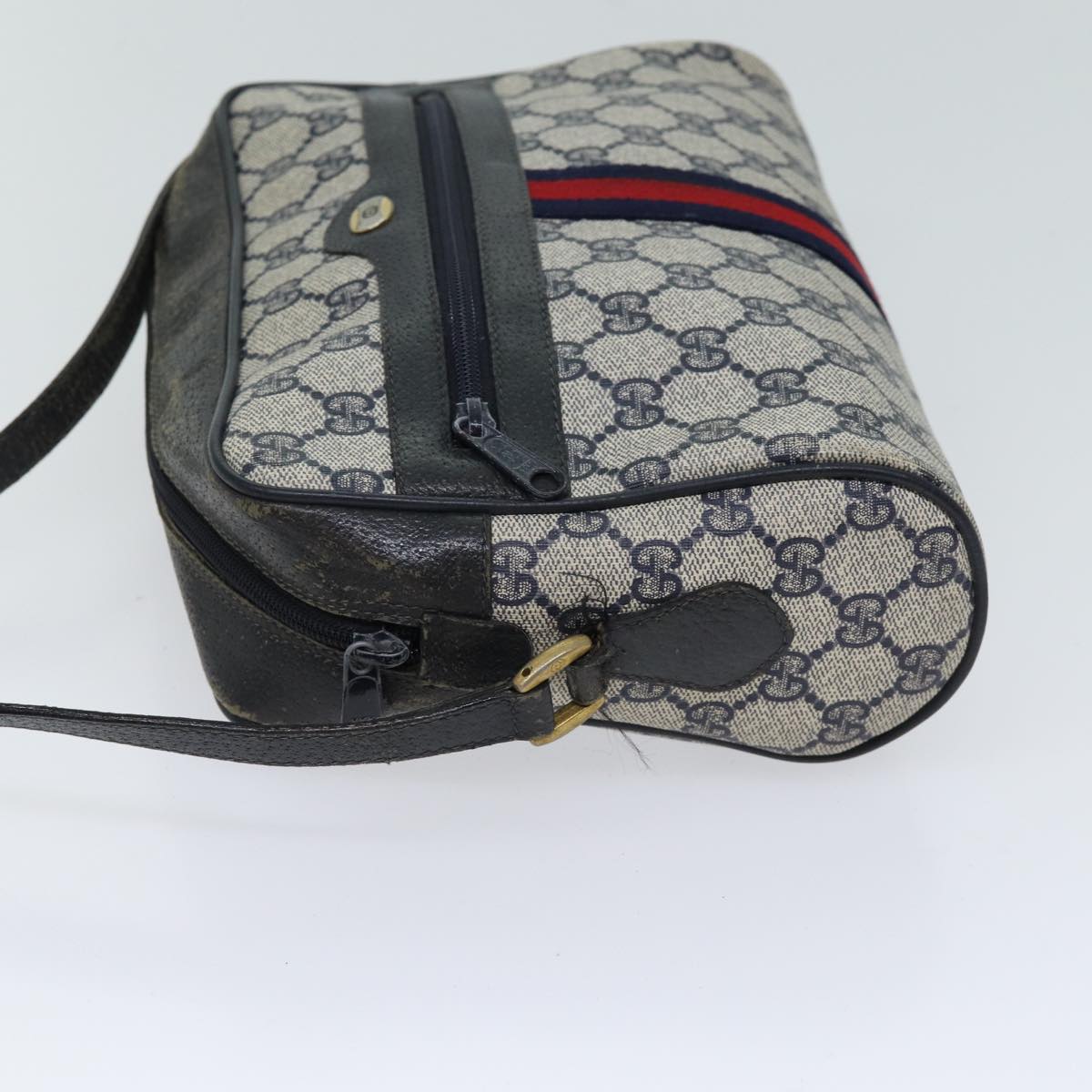 GUCCI GG Canvas Sherry Line Shoulder Bag PVC Navy Red Auth 70669