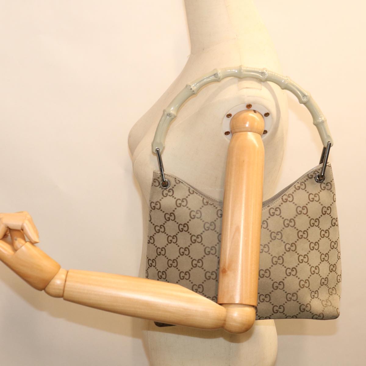 GUCCI GG Canvas Bamboo Shoulder Bag Gray Auth 70672