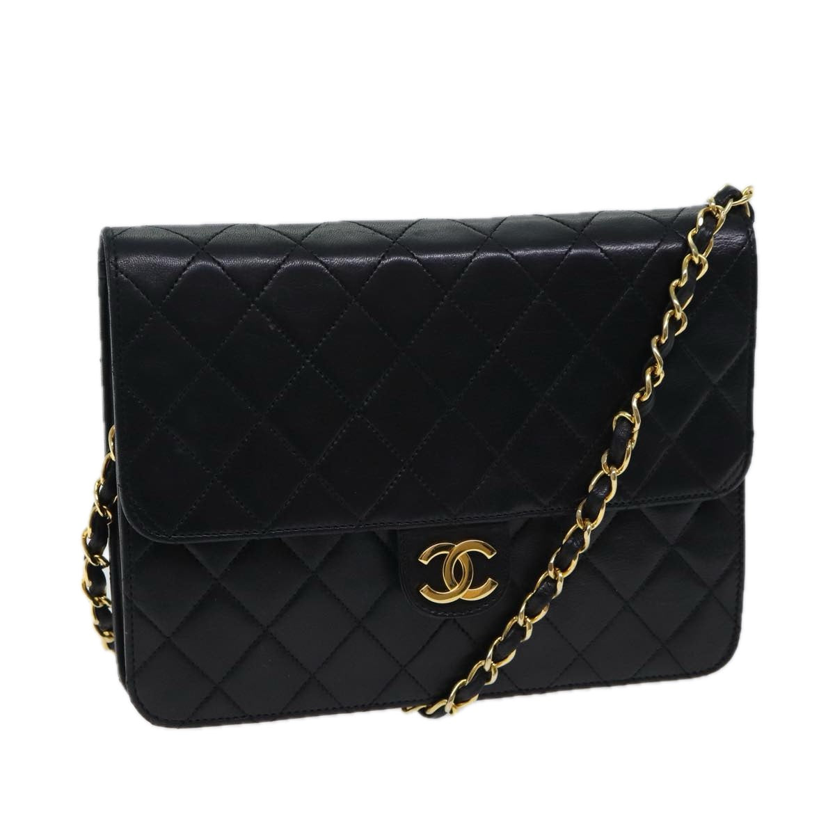 CHANEL Matelasse Chain Shoulder Bag Lamb Skin Black CC Auth 70695