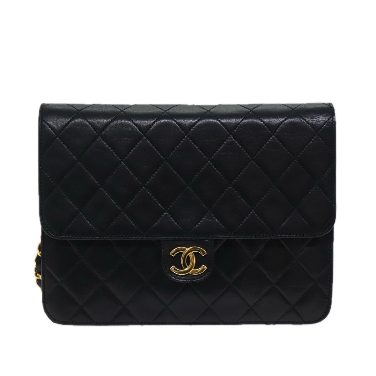 CHANEL Matelasse Chain Shoulder Bag Lamb Skin Black CC Auth 70695