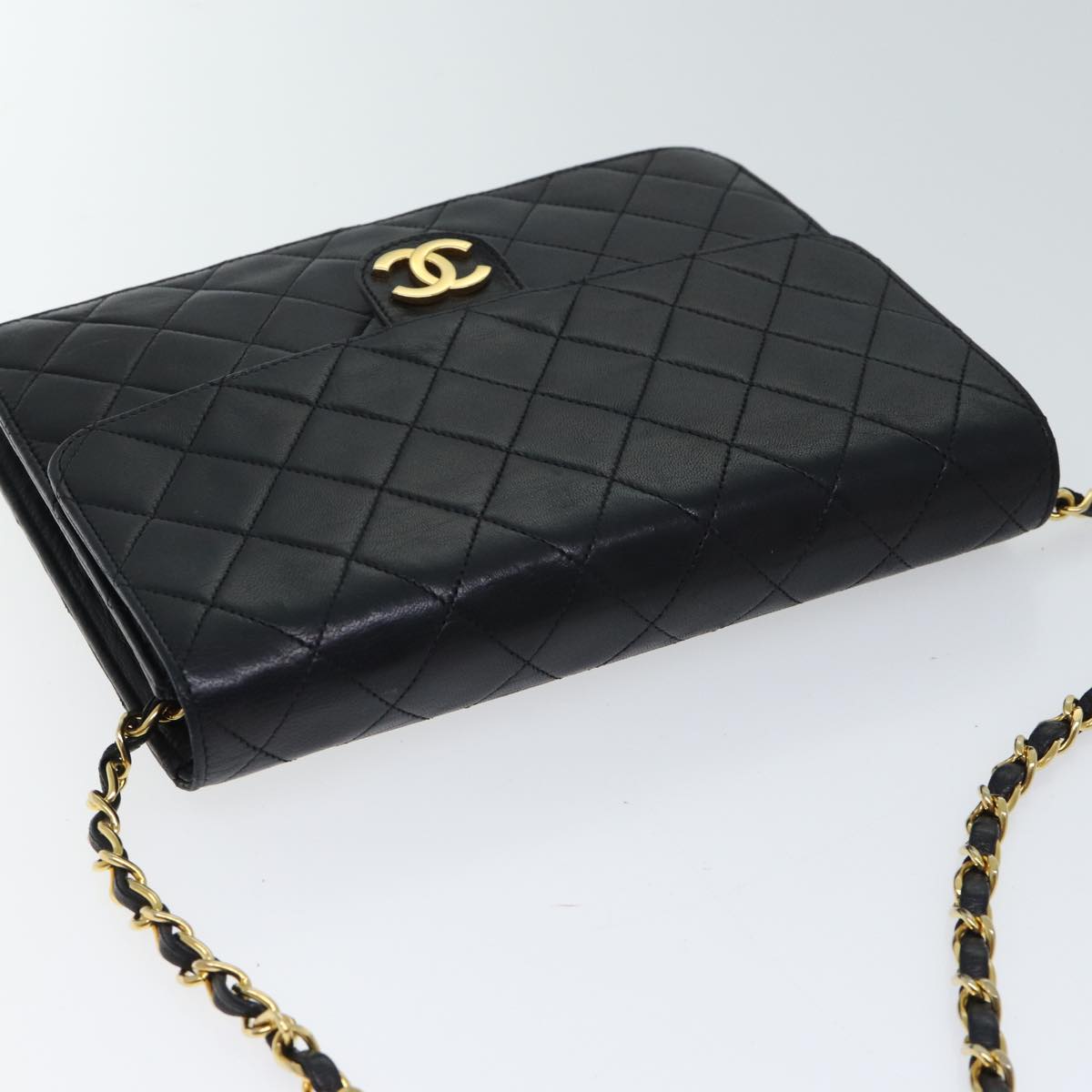 CHANEL Matelasse Chain Shoulder Bag Lamb Skin Black CC Auth 70695