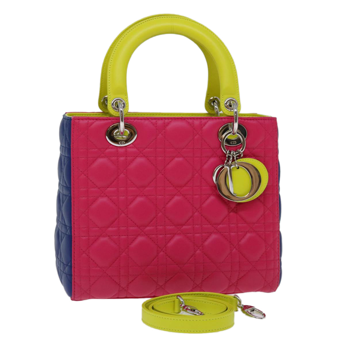 Christian Dior Lady Dior Canage Hand Bag Lamb Skin Blue Pink Auth 70762S