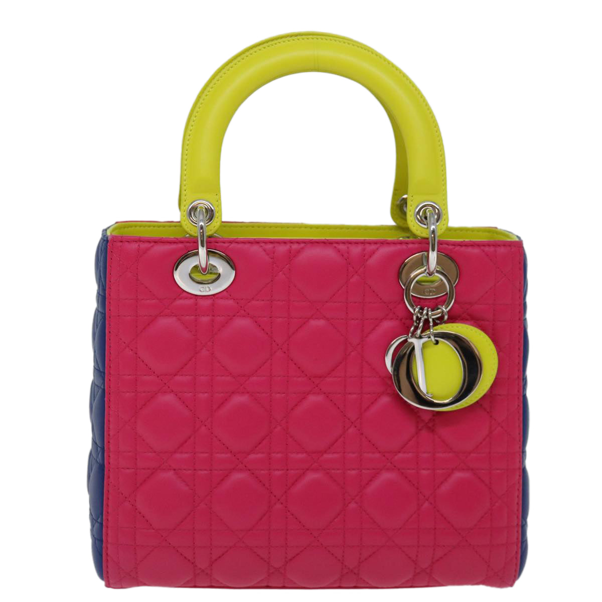 Christian Dior Lady Dior Canage Hand Bag Lamb Skin Blue Pink Auth 70762S