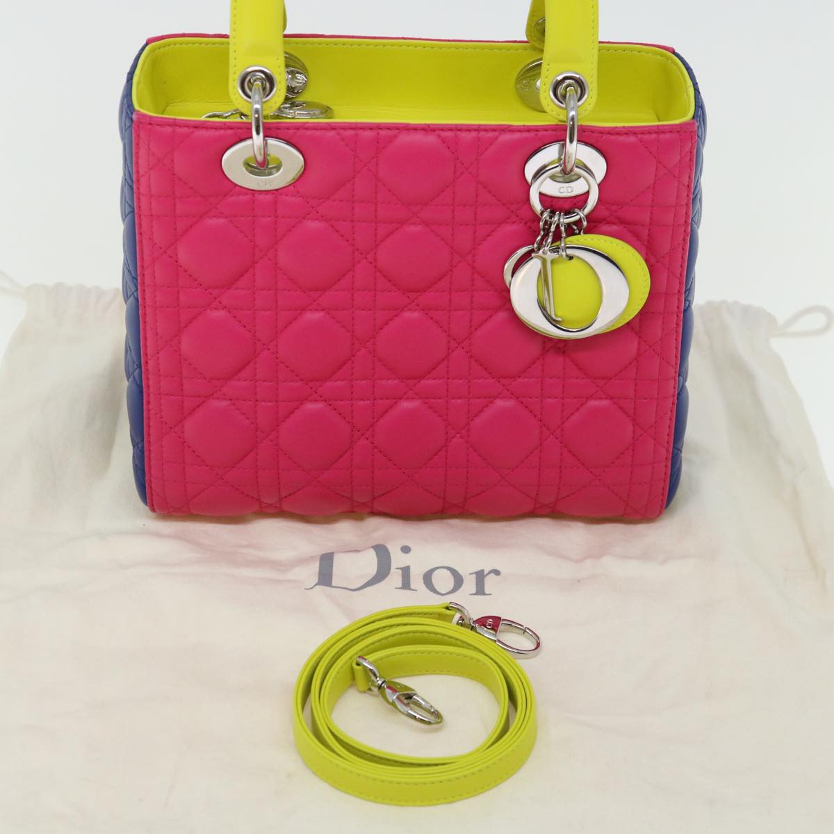 Christian Dior Lady Dior Canage Hand Bag Lamb Skin Blue Pink Auth 70762S