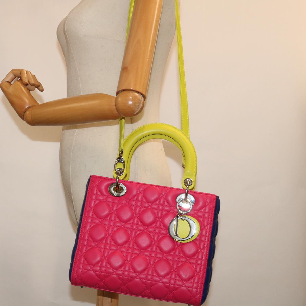 Christian Dior Lady Dior Canage Hand Bag Lamb Skin Blue Pink Auth 70762S