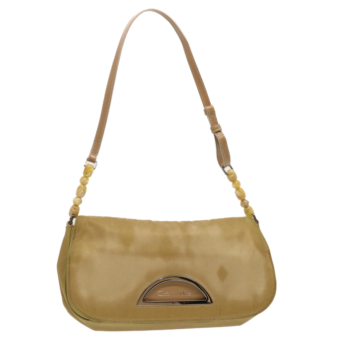 Christian Dior Maris Pearl Shoulder Bag Nylon Beige Auth 70945