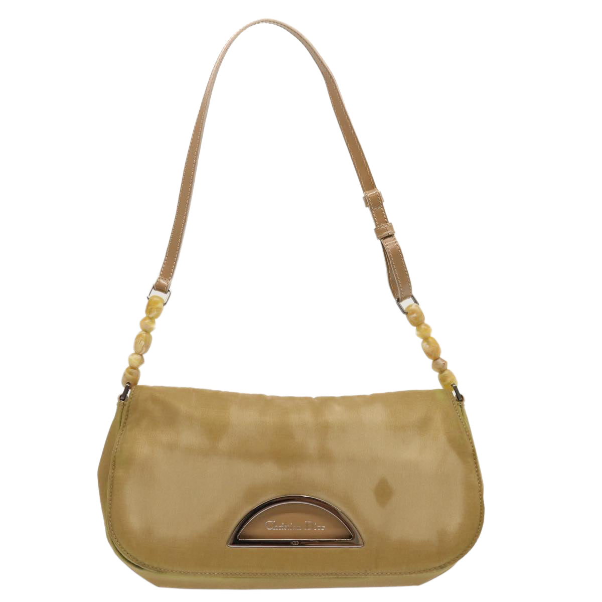 Christian Dior Maris Pearl Shoulder Bag Nylon Beige Auth 70945