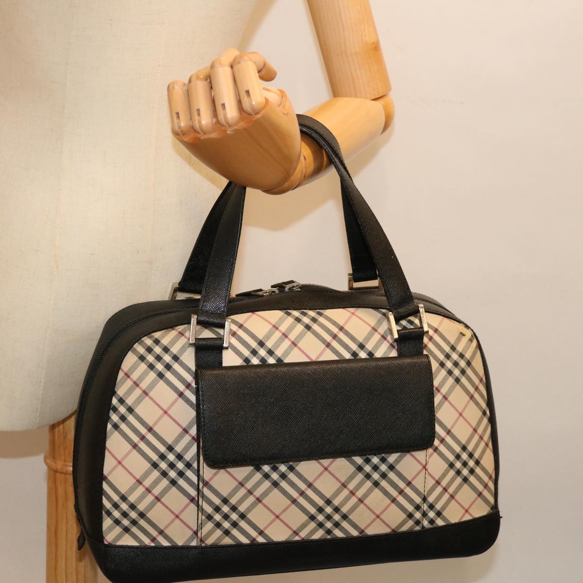 BURBERRY Nova Check Hand Bag Canvas Beige Black Auth 70949