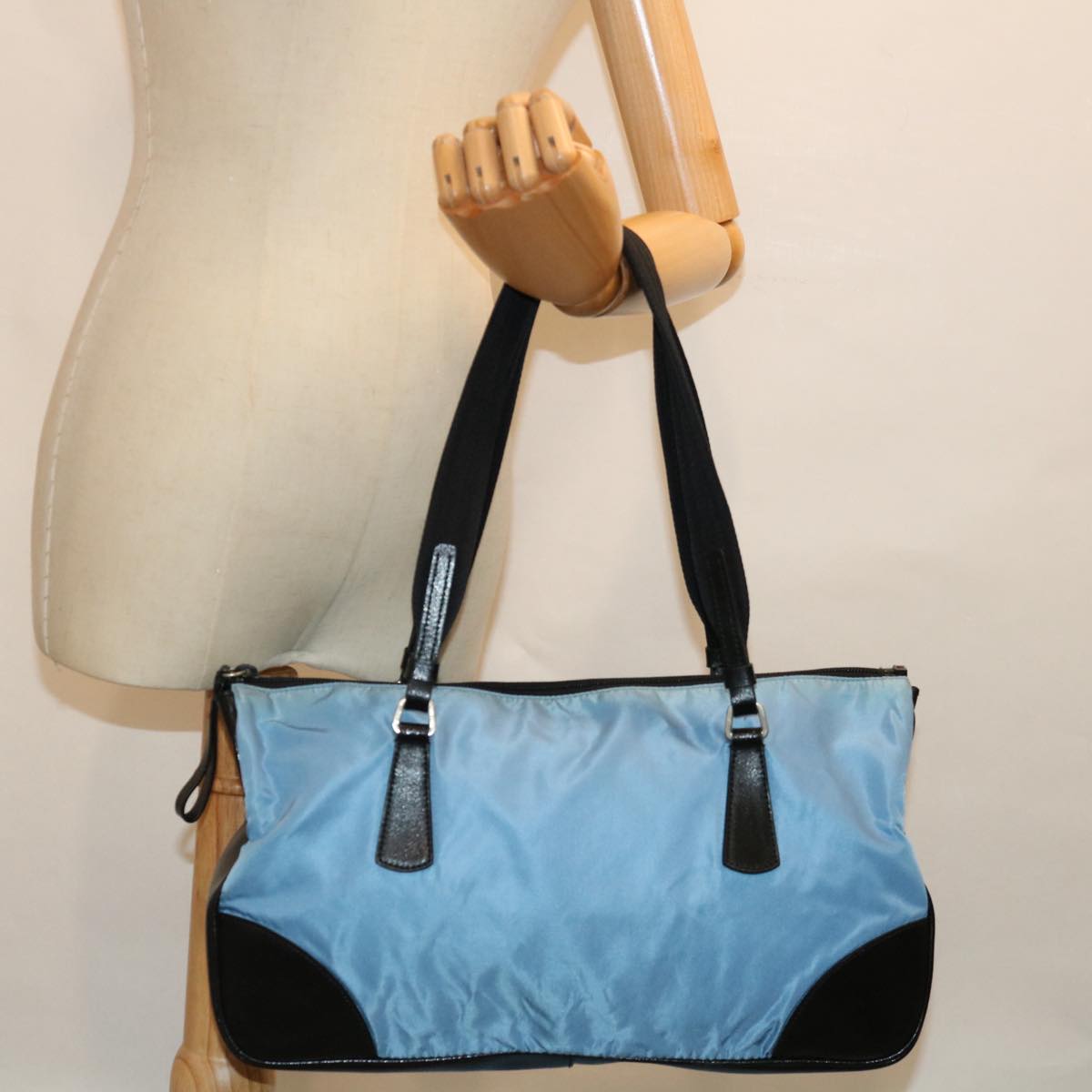 PRADA Shoulder Bag Nylon Light Blue Black Auth 71018