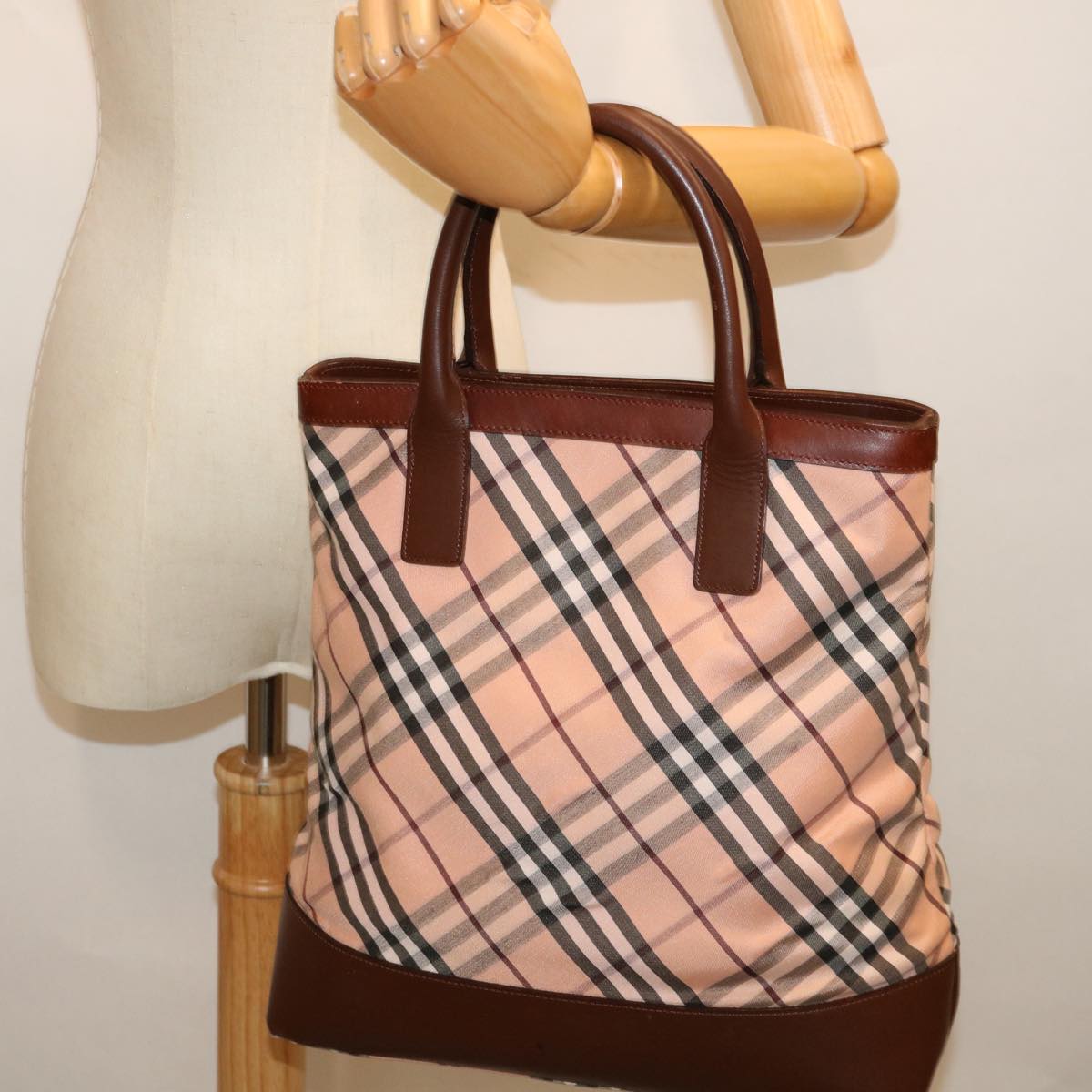 BURBERRY Nova Check Blue Label Hand Bag Canvas Pink Brown Auth 71023