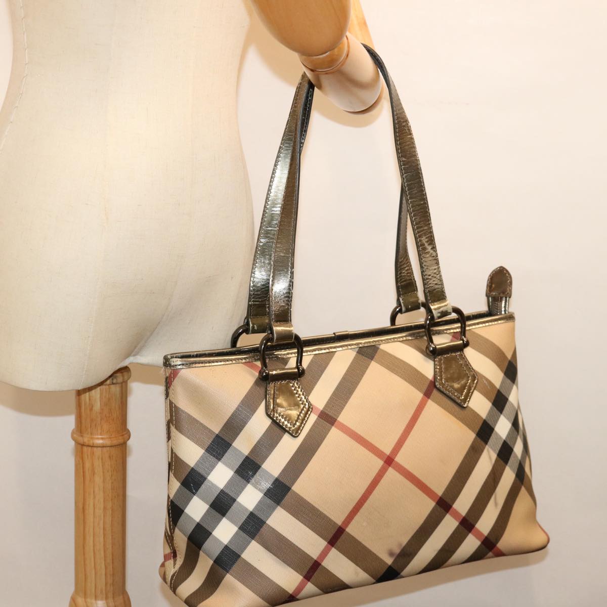 BURBERRY Nova Check Tote Bag PVC Beige Auth 71024