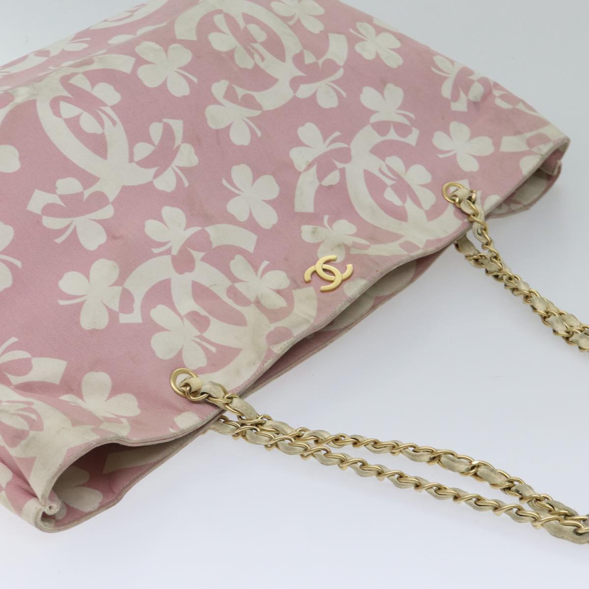 CHANEL Chain Tote Bag Canvas Pink CC Auth 71033