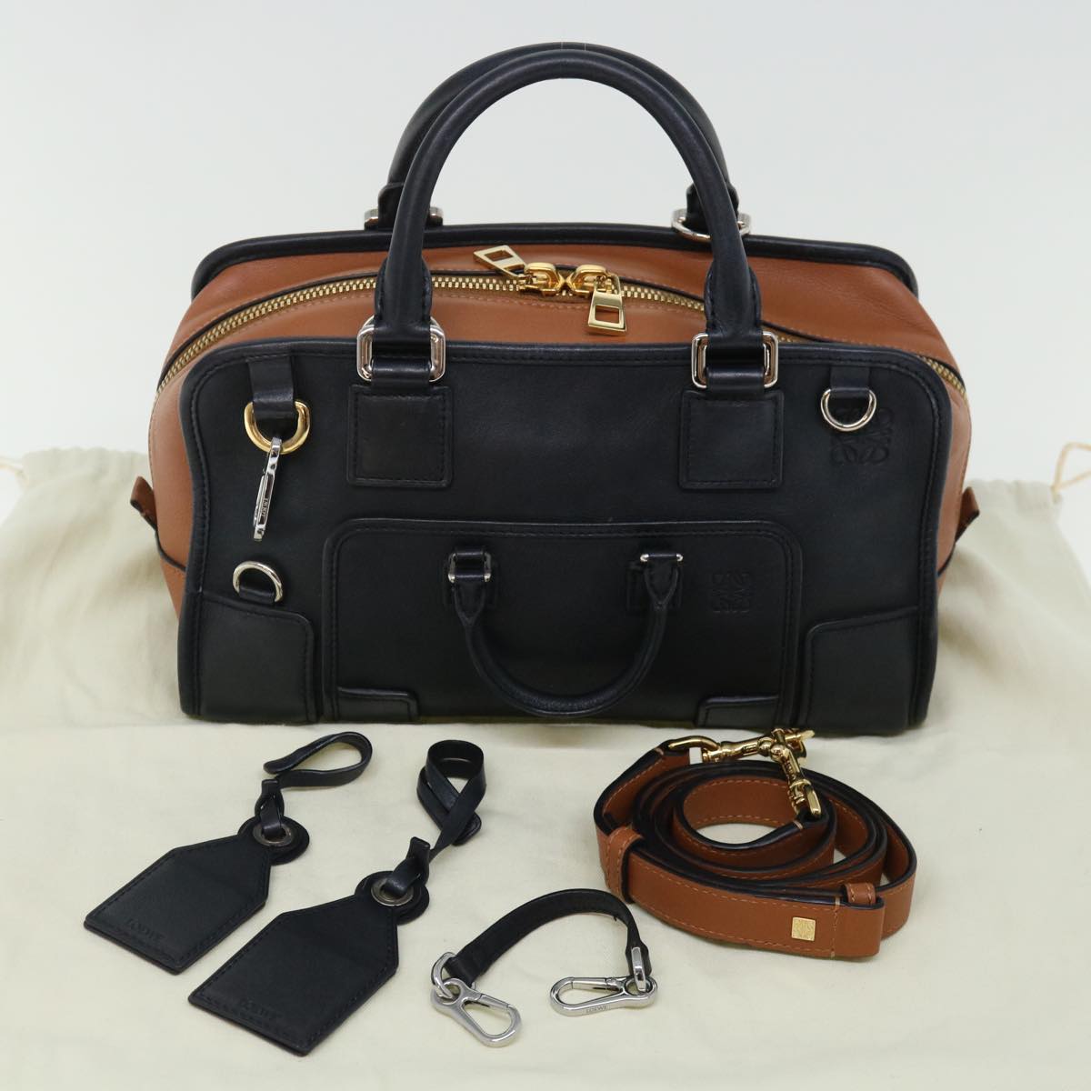 LOEWE Amazona 28 Multiplication Hand Bag Leather 2way Black Brown Auth 71072A