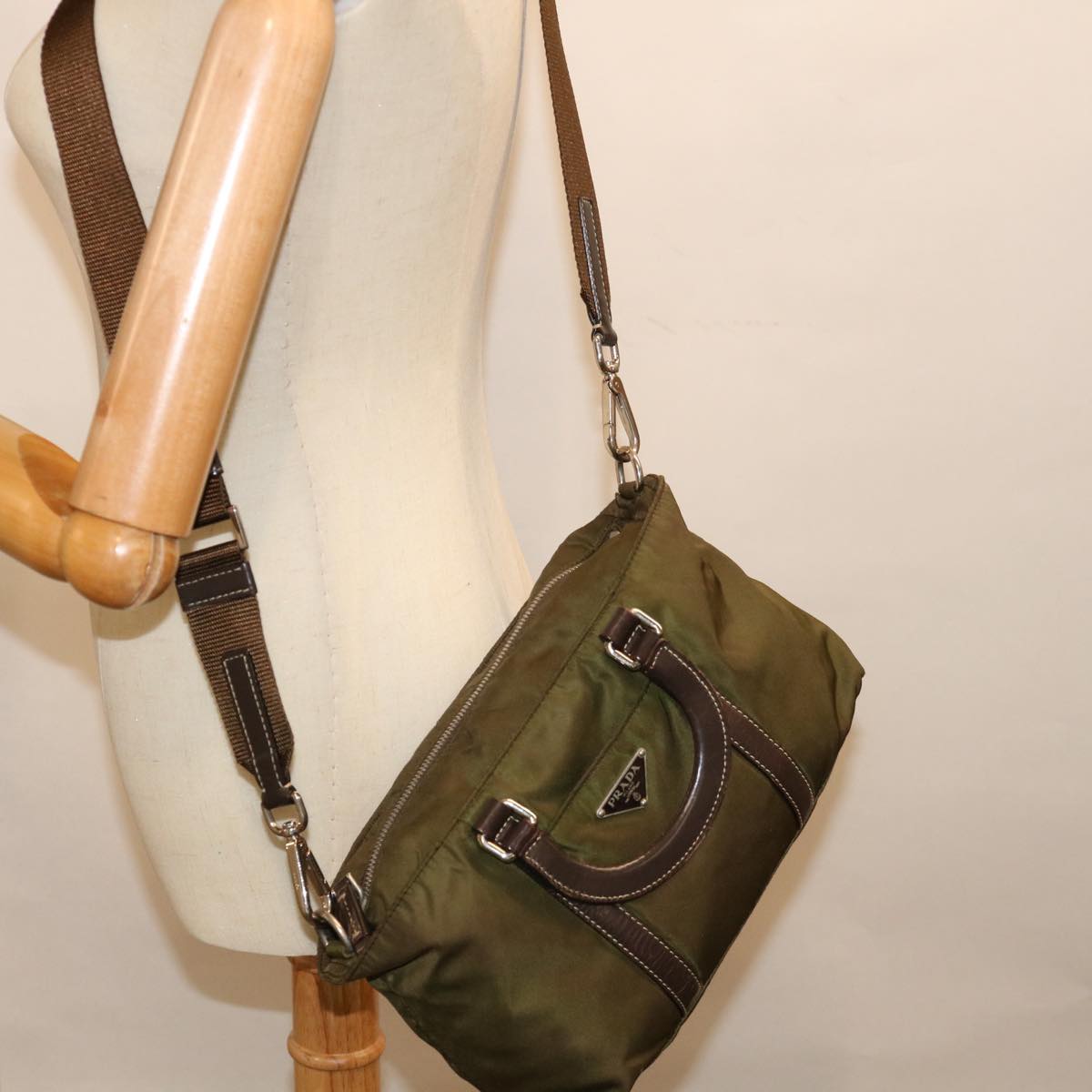 PRADA Hand Bag Nylon 2way Khaki Auth 71095