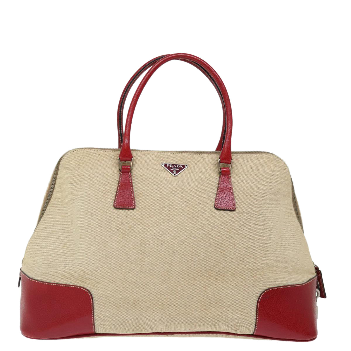 PRADA Hand Bag Canvas Beige Red Auth 71097