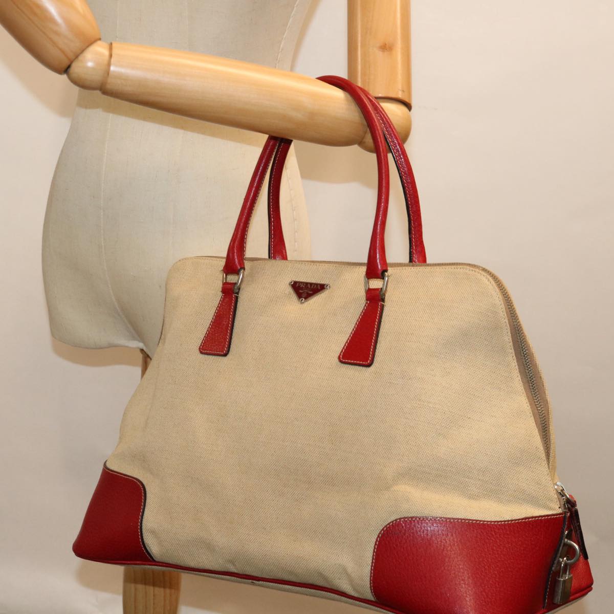PRADA Hand Bag Canvas Beige Red Auth 71097