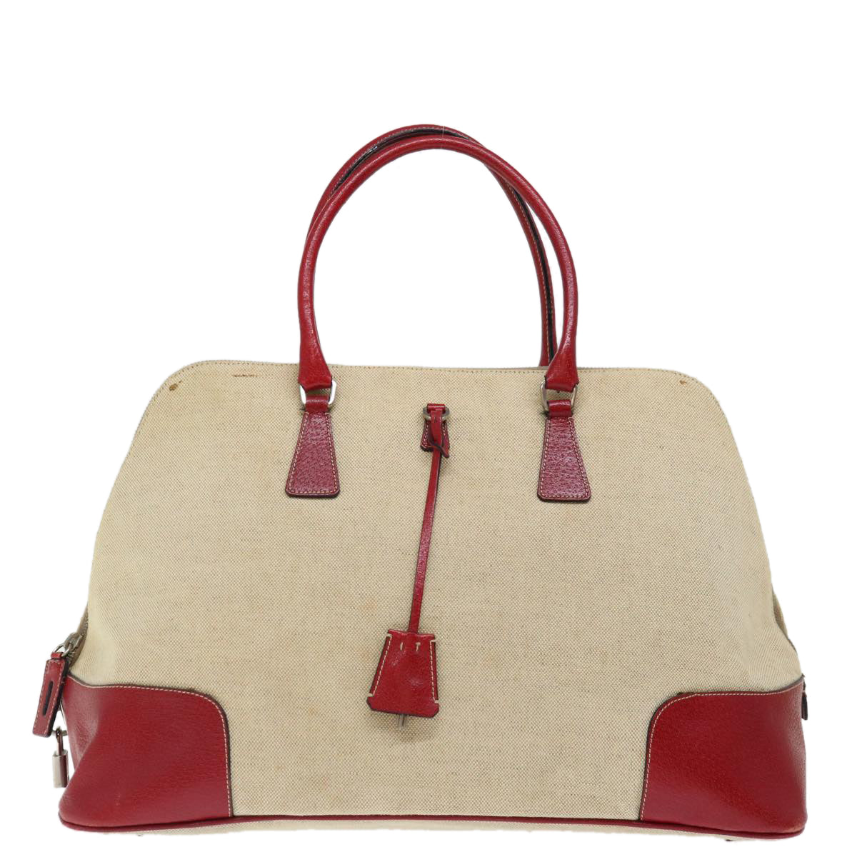 PRADA Hand Bag Canvas Beige Red Auth 71097 - 0