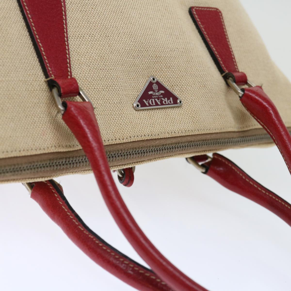 PRADA Hand Bag Canvas Beige Red Auth 71097