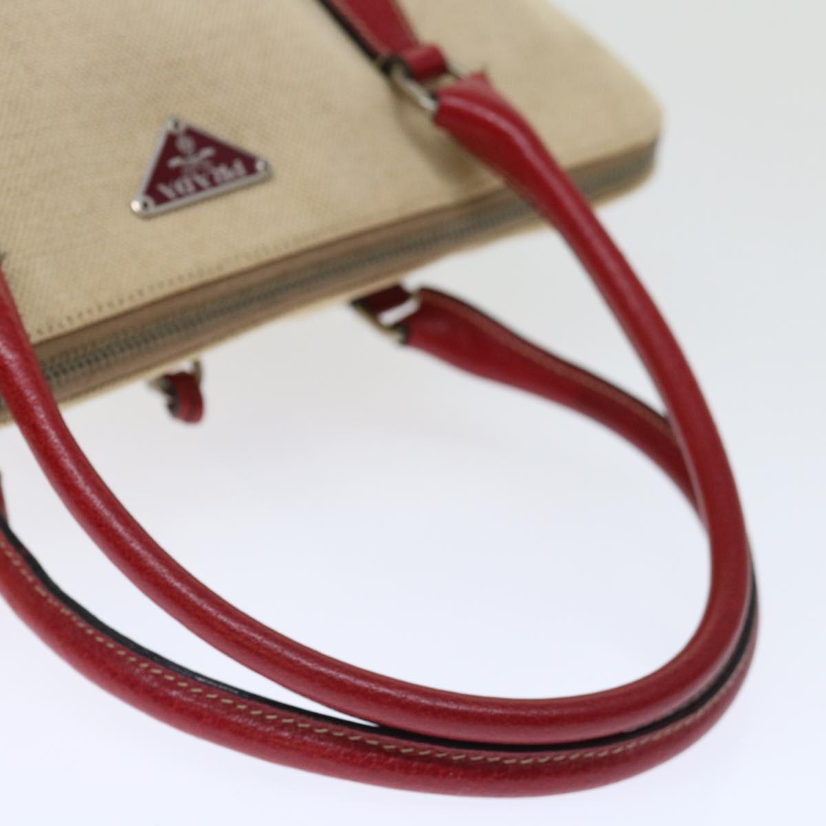 PRADA Hand Bag Canvas Beige Red Auth 71097