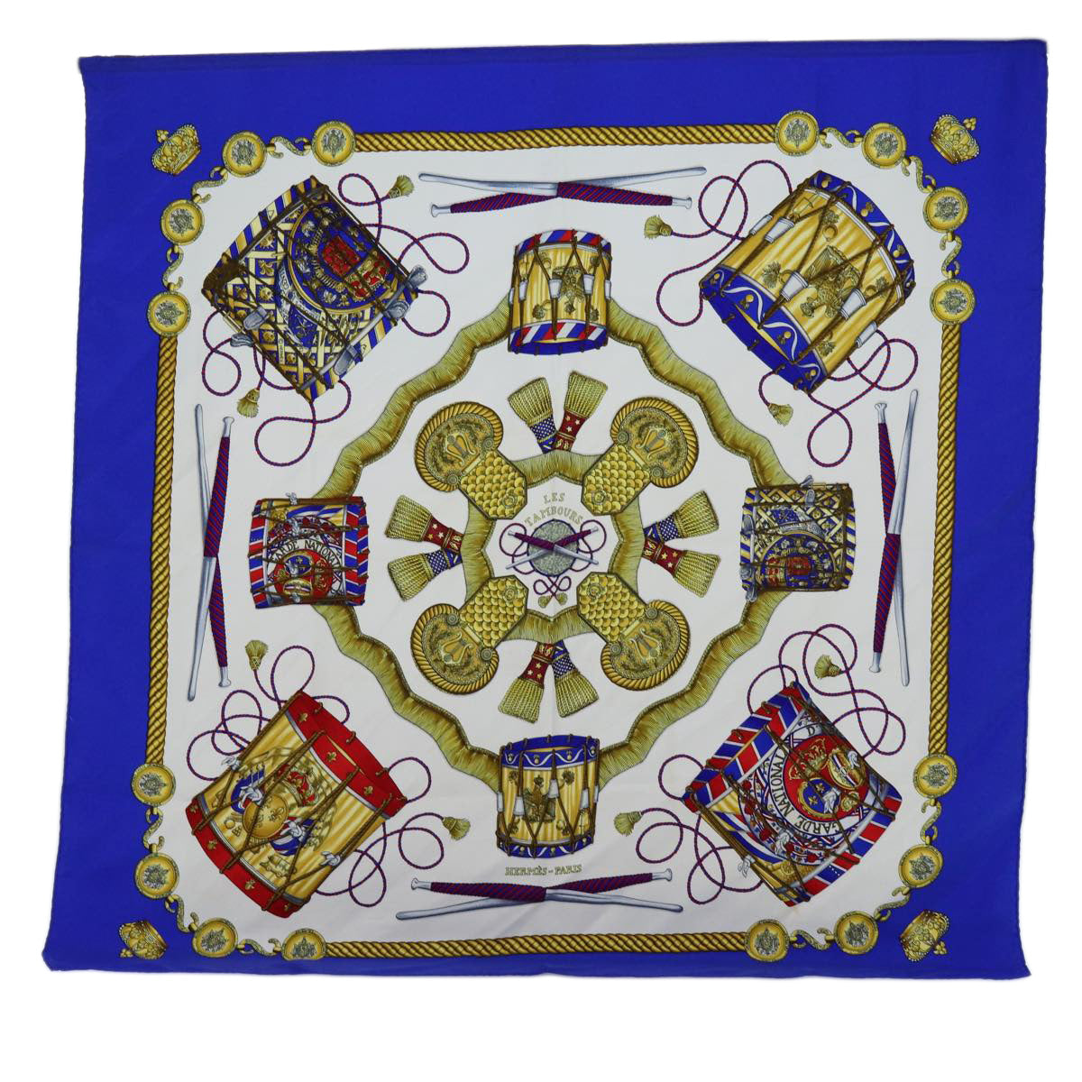 HERMES Carre 90 LES TAMBOURS Scarf Silk Blue Auth 71131