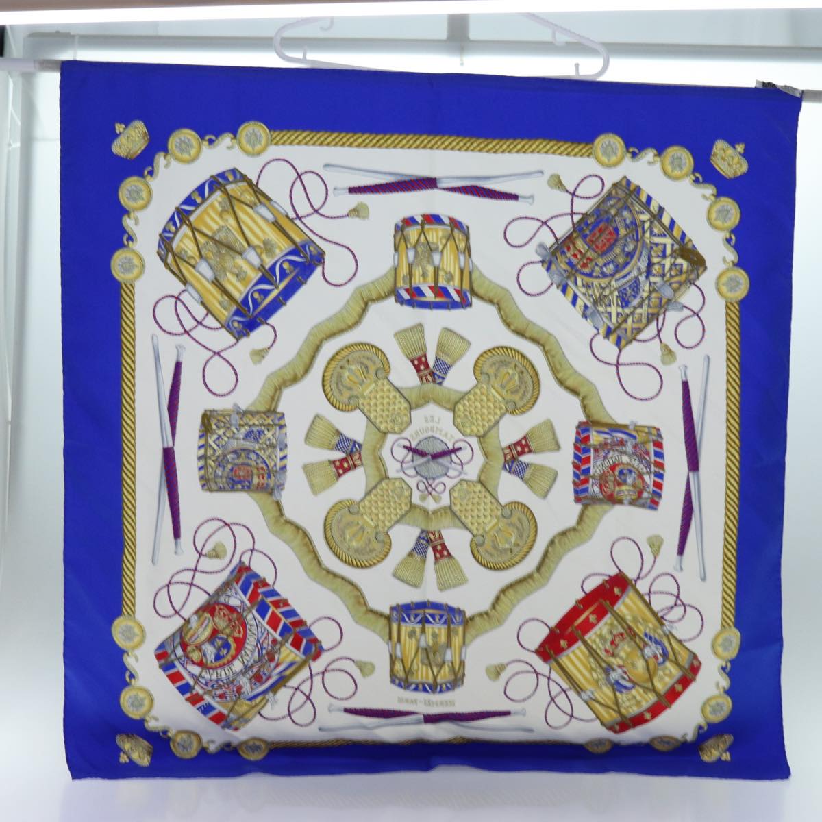 HERMES Carre 90 LES TAMBOURS Scarf Silk Blue Auth 71131