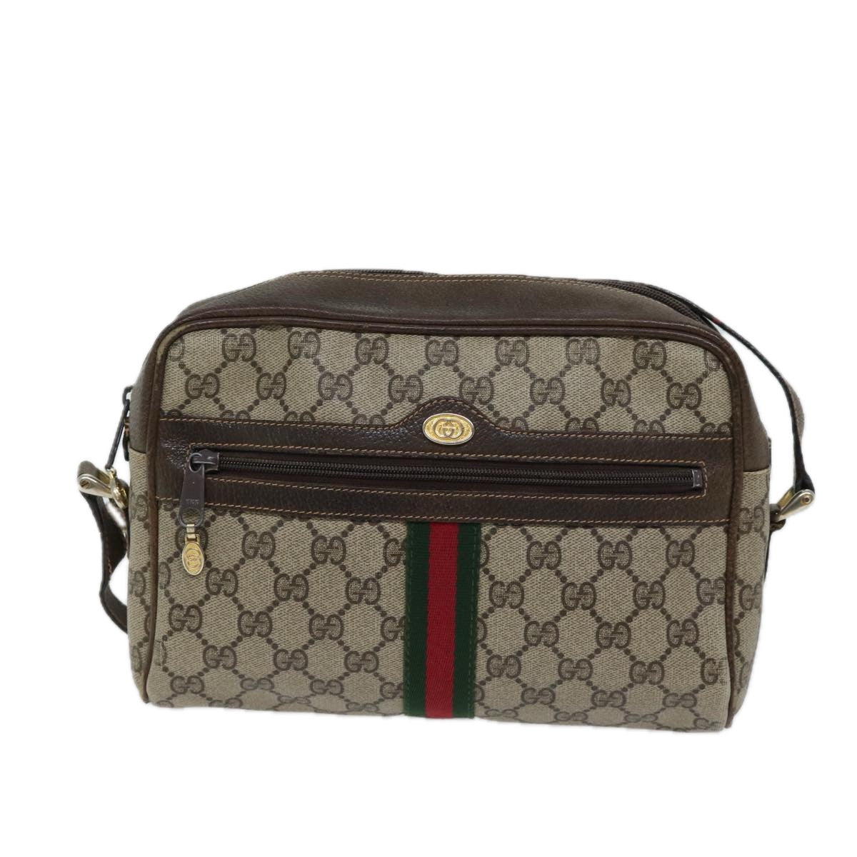 GUCCI GG Canvas Web Sherry Line Shoulder Bag PVC Beige Green Red Auth 71166