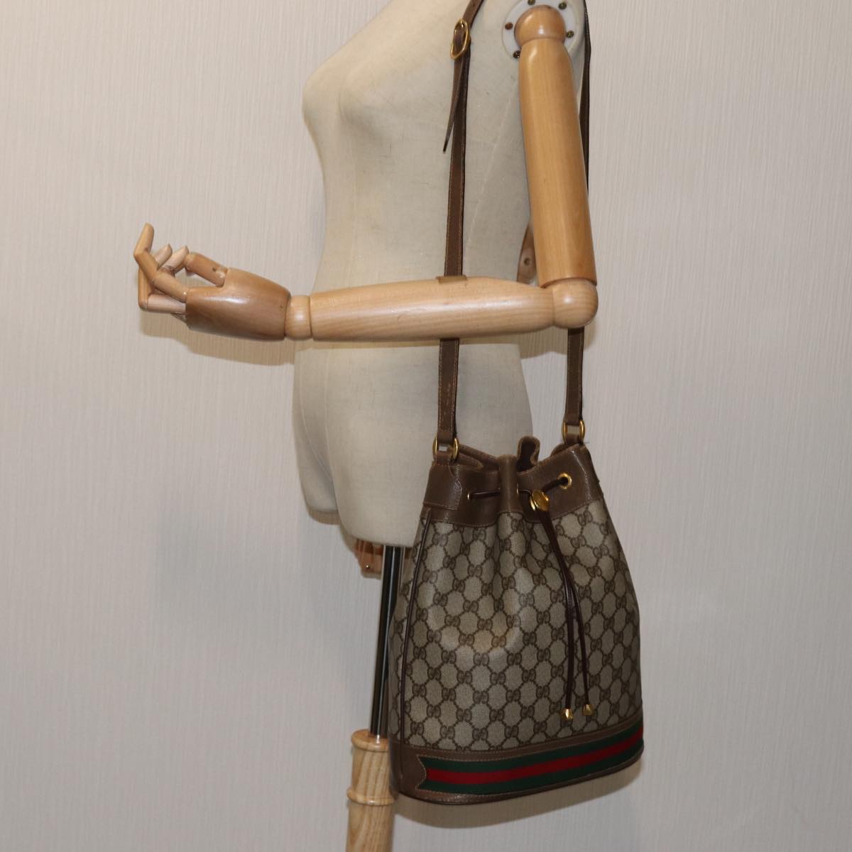 GUCCI GG Canvas Web Sherry Line Shoulder Bag PVC Beige Green Red Auth 71174