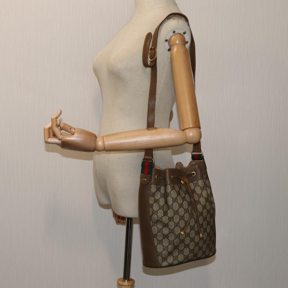 GUCCI GG Canvas Web Sherry Line Shoulder Bag PVC Beige Green Red Auth 71175