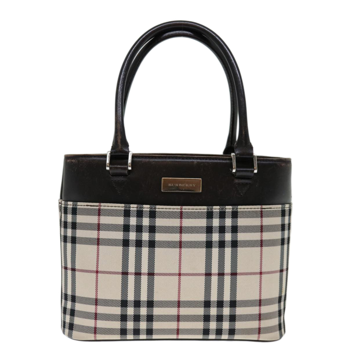 BURBERRY Nova Check Hand Bag Canvas Beige Dark Brown Auth 71231