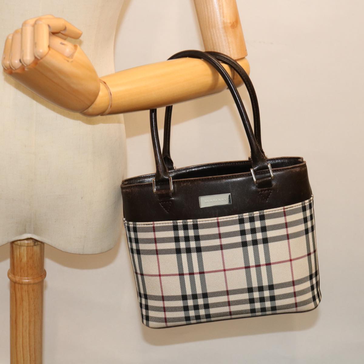 BURBERRY Nova Check Hand Bag Canvas Beige Dark Brown Auth 71231