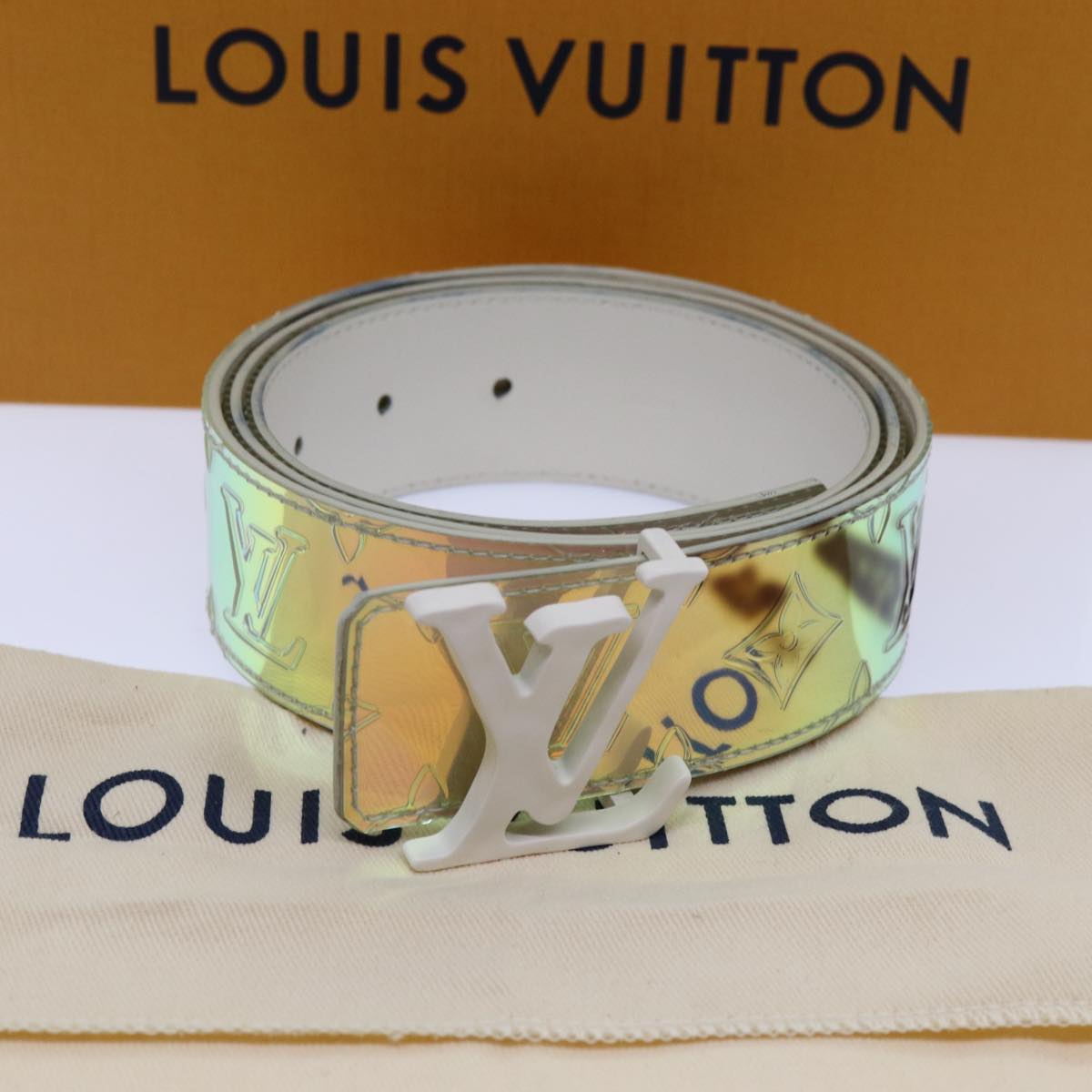 LOUIS VUITTON Prism Ceinture LV Shape Belt 44.1"" Silver M0219U LV Auth 71237A