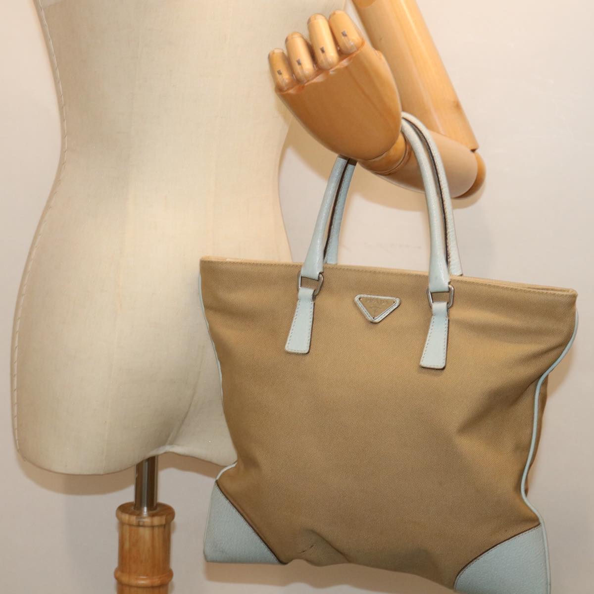 PRADA Hand Bag Canvas Beige Light Blue Auth 71297