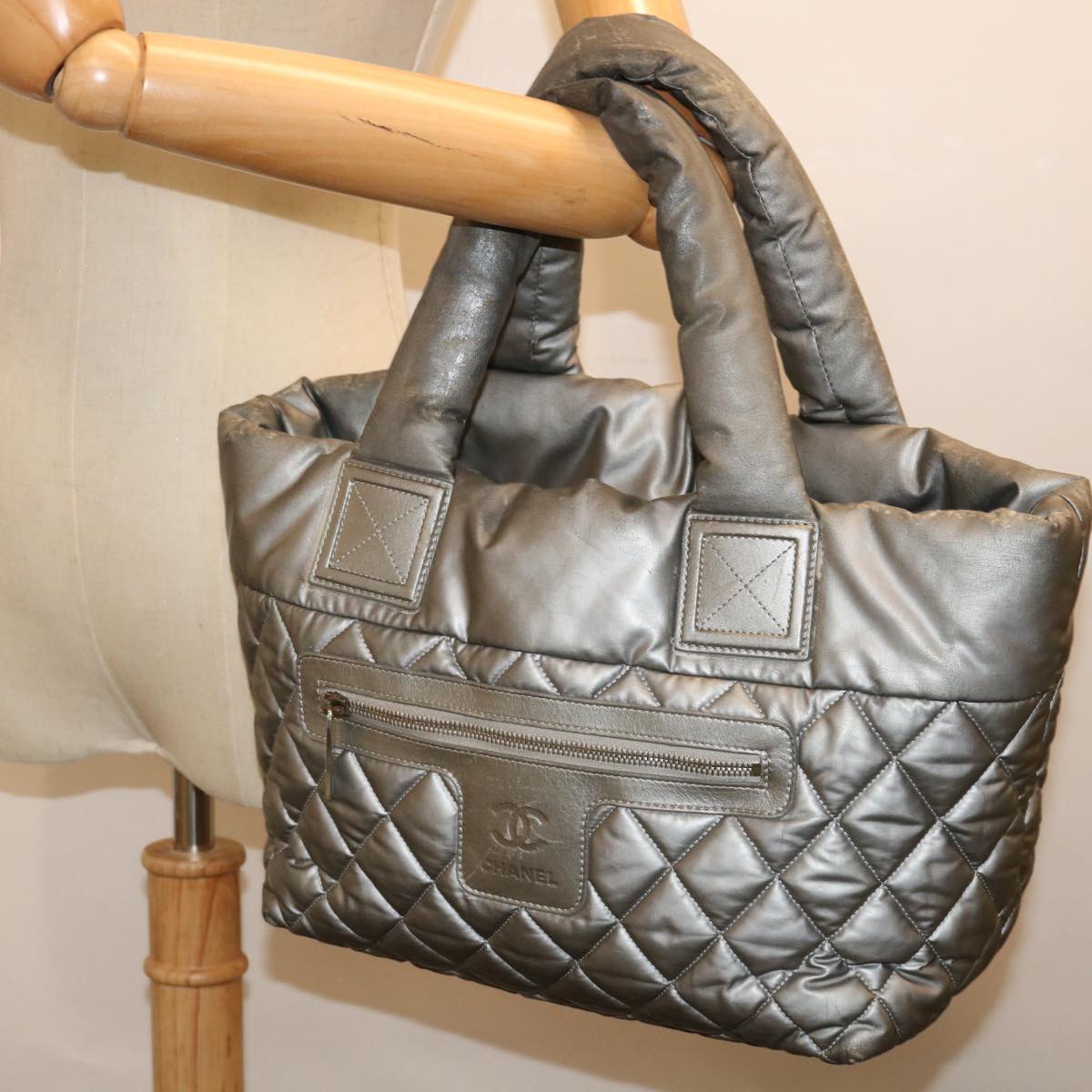 CHANEL Cococoon Hand Bag Nylon Silver CC Auth 71571