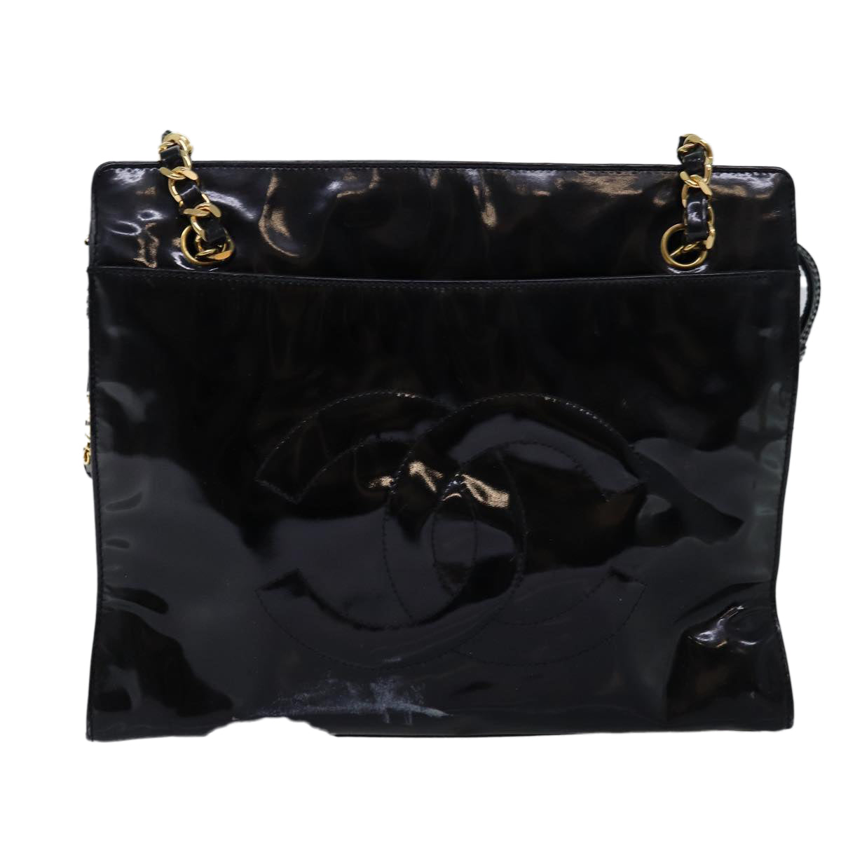 CHANEL Chain Shoulder Bag Patent leather Black CC Auth 71572