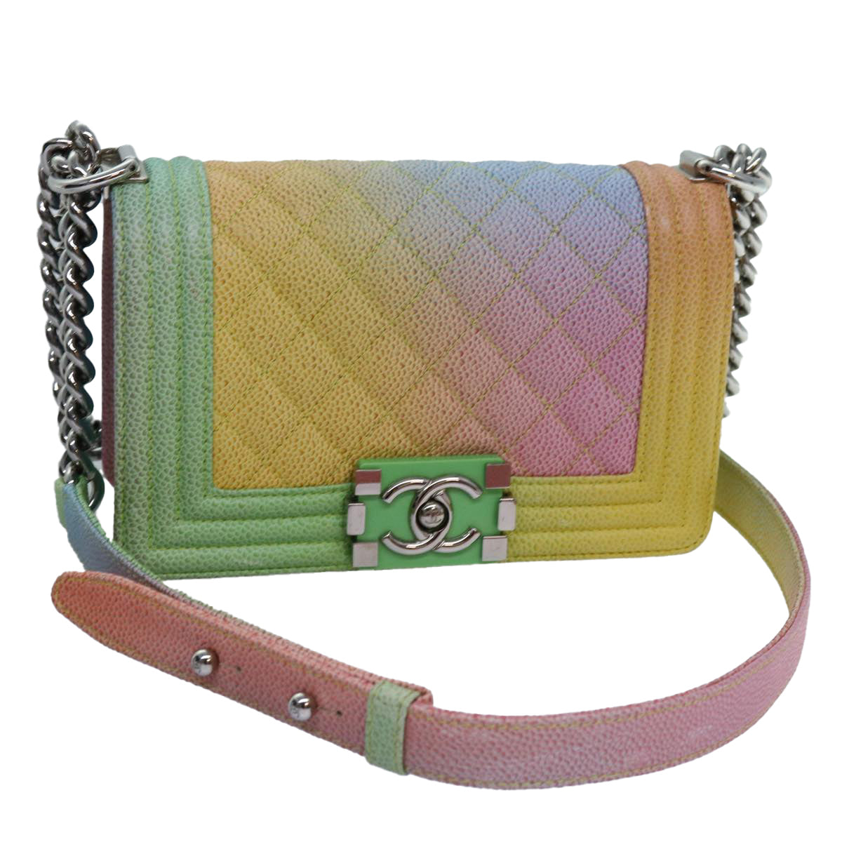 CHANEL Matelasse Boy Chanel Chain Shoulder Bag Leather Rainbow CC Auth 71579S