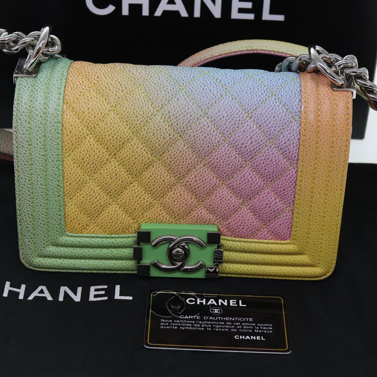 CHANEL Matelasse Boy Chanel Chain Shoulder Bag Leather Rainbow CC Auth 71579S