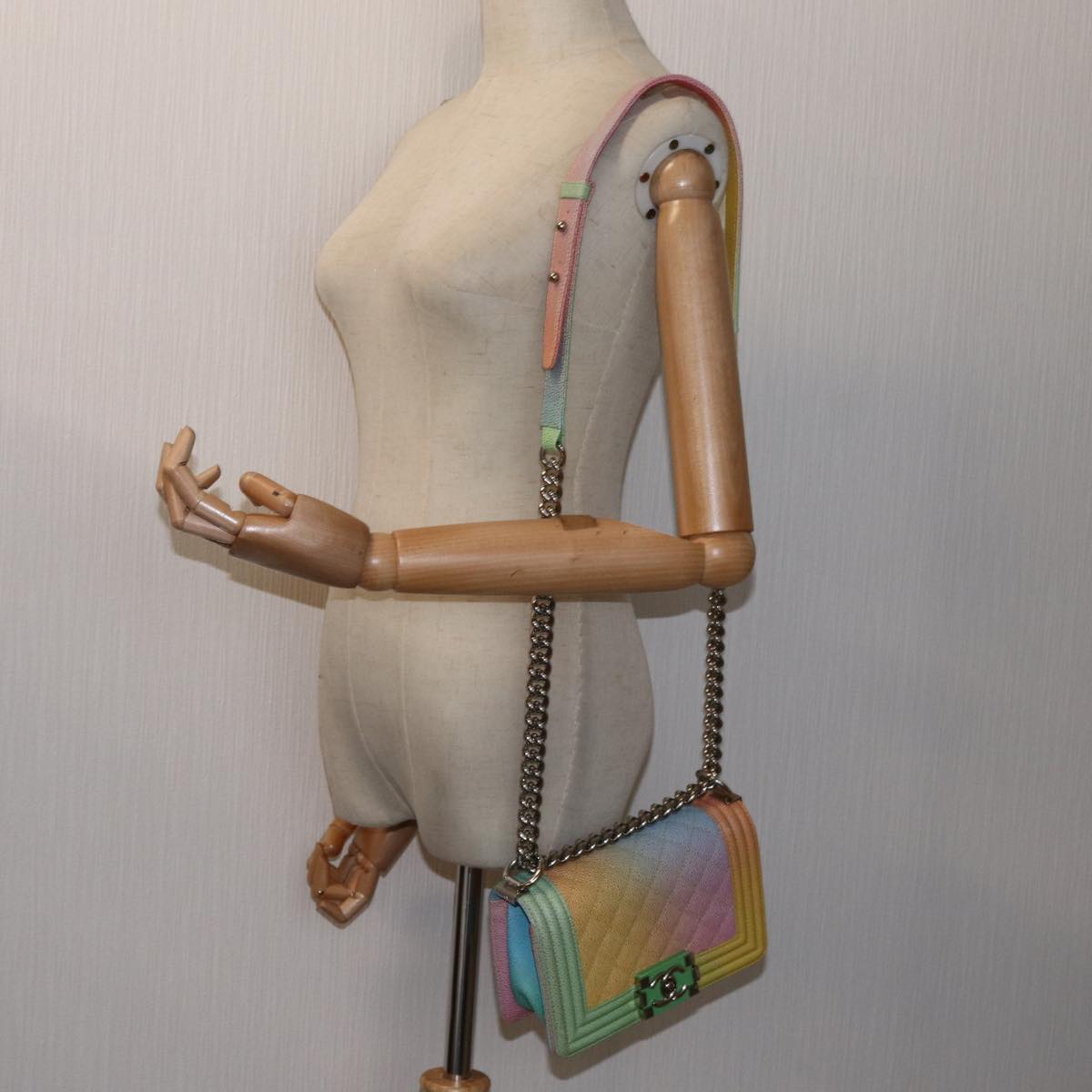 CHANEL Matelasse Boy Chanel Chain Shoulder Bag Leather Rainbow CC Auth 71579S