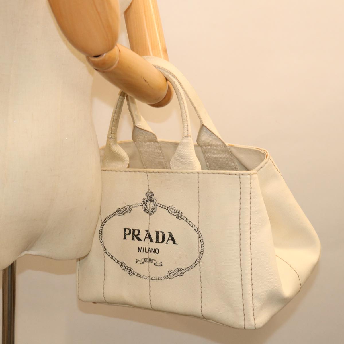PRADA Canapa MM Hand Bag Canvas Cream Auth 71586