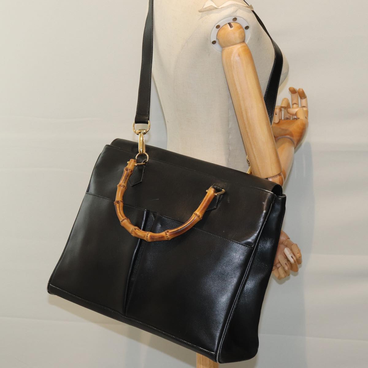 GUCCI Bamboo Shoulder Bag Leather 2way Black Auth 71587