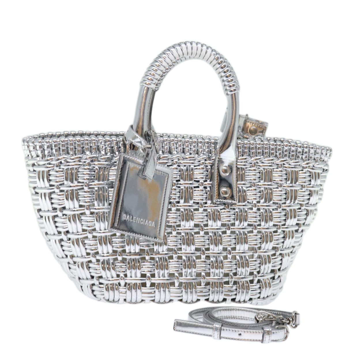 BALENCIAGA Bistro XS Hand Bag Wicker 2way Silver 671342 Auth 71589A