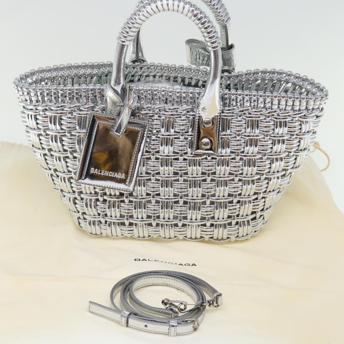 BALENCIAGA Bistro XS Hand Bag Wicker 2way Silver 671342 Auth 71589A