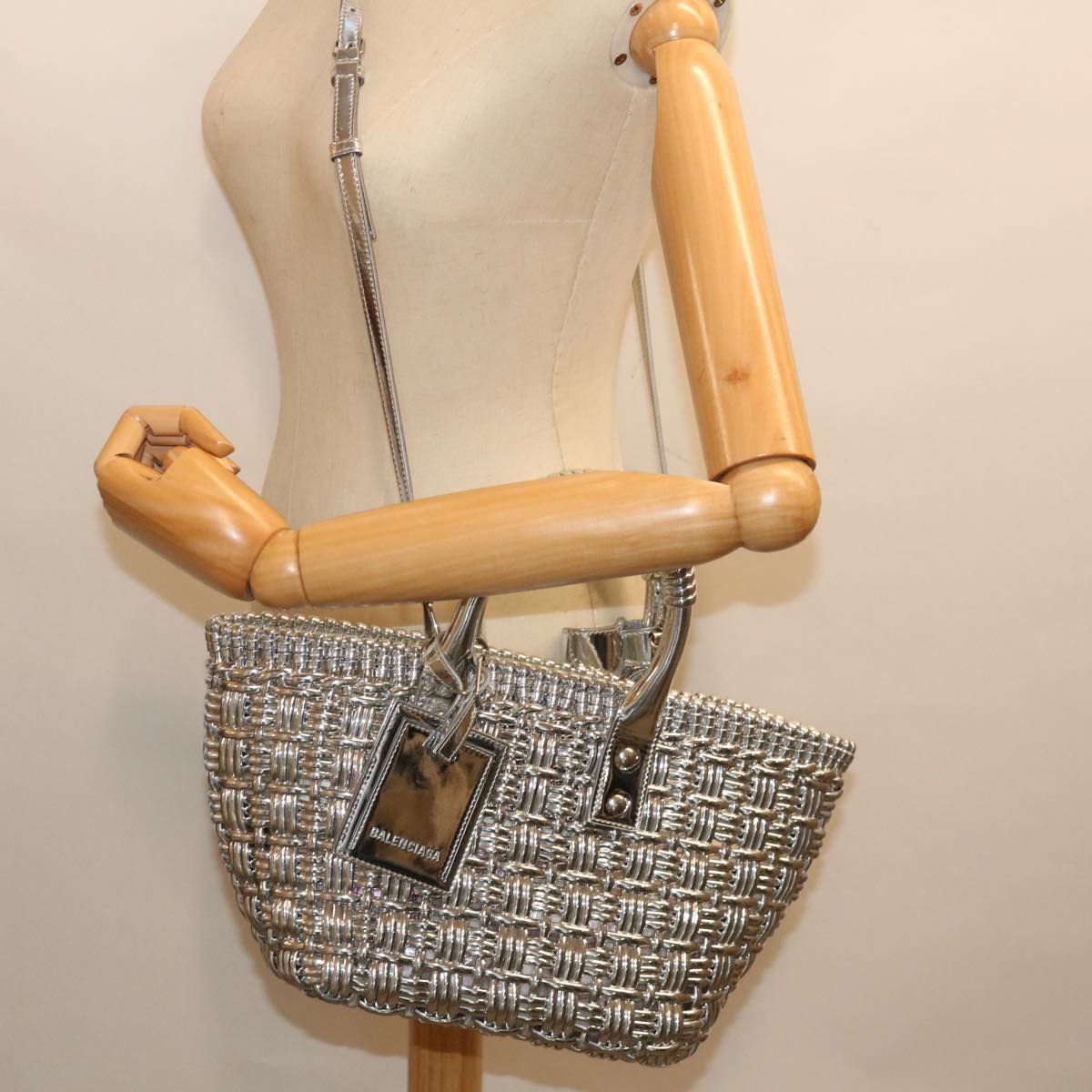 BALENCIAGA Bistro XS Hand Bag Wicker 2way Silver 671342 Auth 71589A