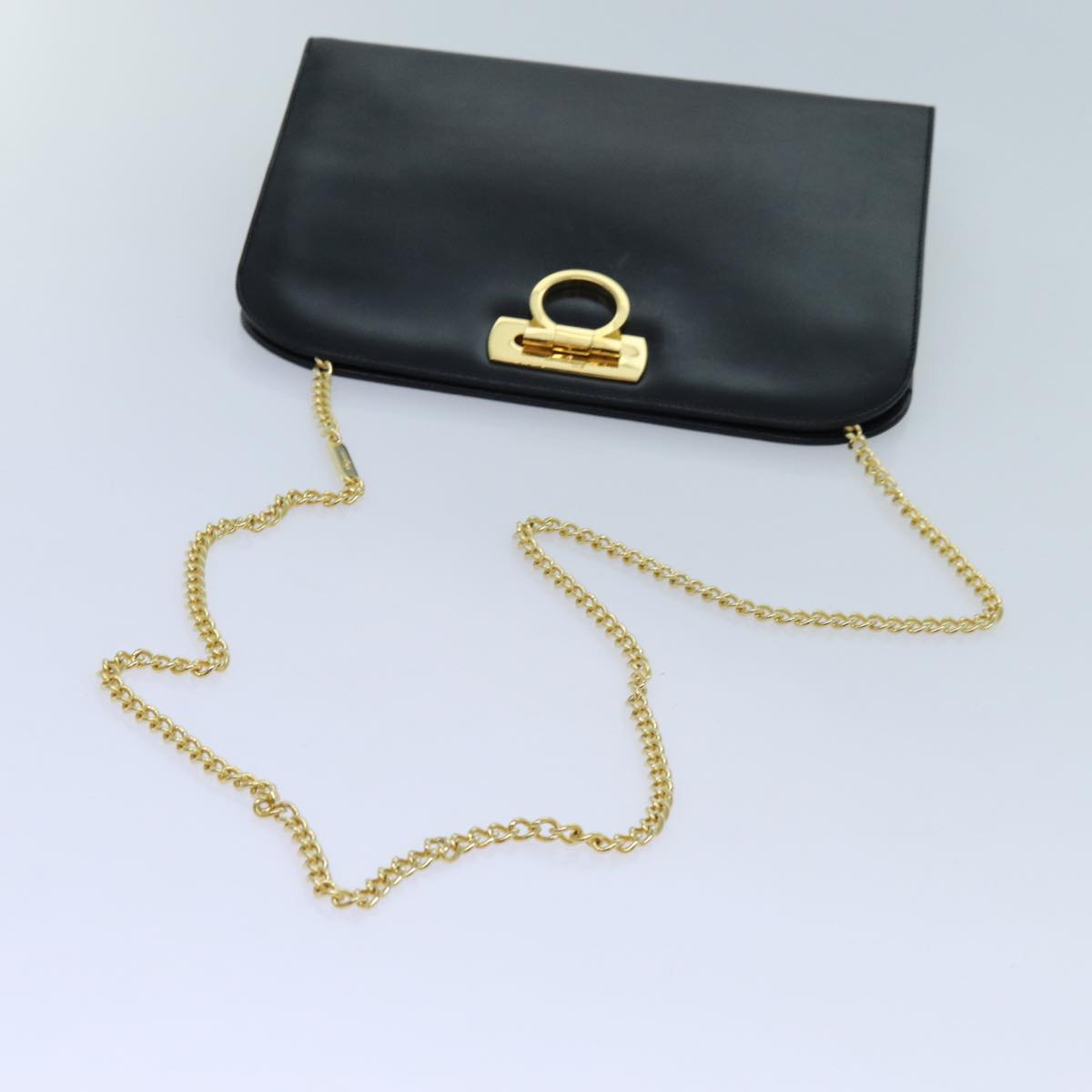 Salvatore Ferragamo Gancini Chain Shoulder Bag Leather Black Auth 71591