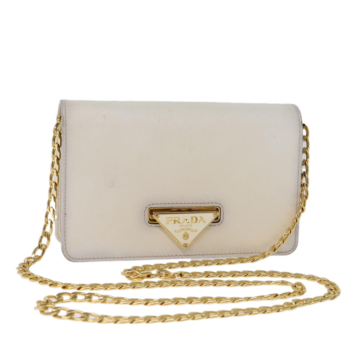 PRADA Chain Shoulder Bag Safiano leather White Auth 71652A