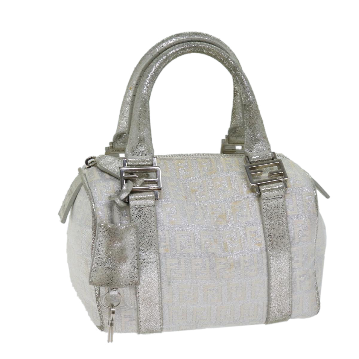 FENDI Zucchino Canvas Hand Bag Silver Auth 71836