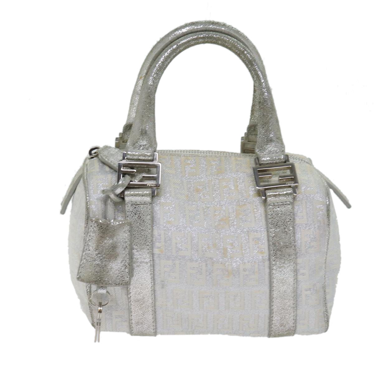 FENDI Zucchino Canvas Hand Bag Silver Auth 71836